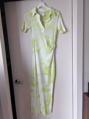Helmut Lang White and Light Green Tie-Dye Ribbed Polo Maxi Dress